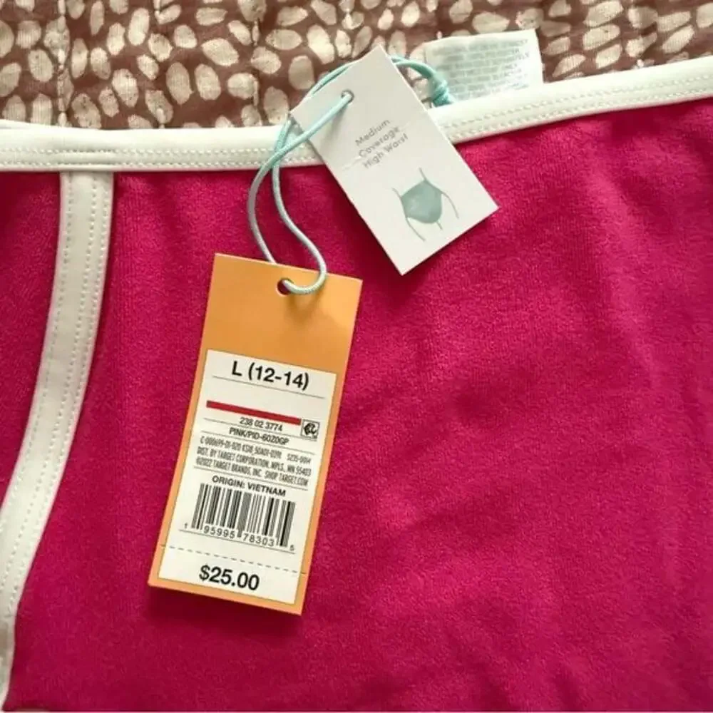 Kona Sol Pink High Waist Bikini Bottoms with White Trim NWT L‎